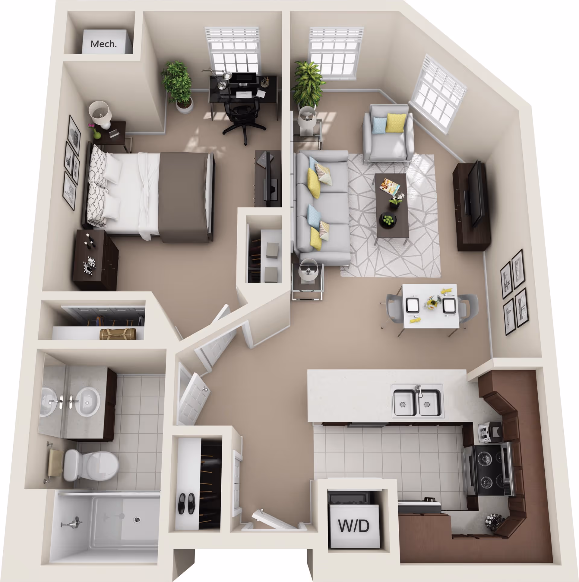 3D floor plan of an apartment with one bedroom, one bathroom, a living room with sofa and armchair, a dining area with a table and two chairs, and a kitchen with appliances and a double sink. The bedroom has a bed, nightstands, and a desk with a chair. The bathroom includes a shower, toilet, and sink. There is a washer/dryer unit near the kitchen.