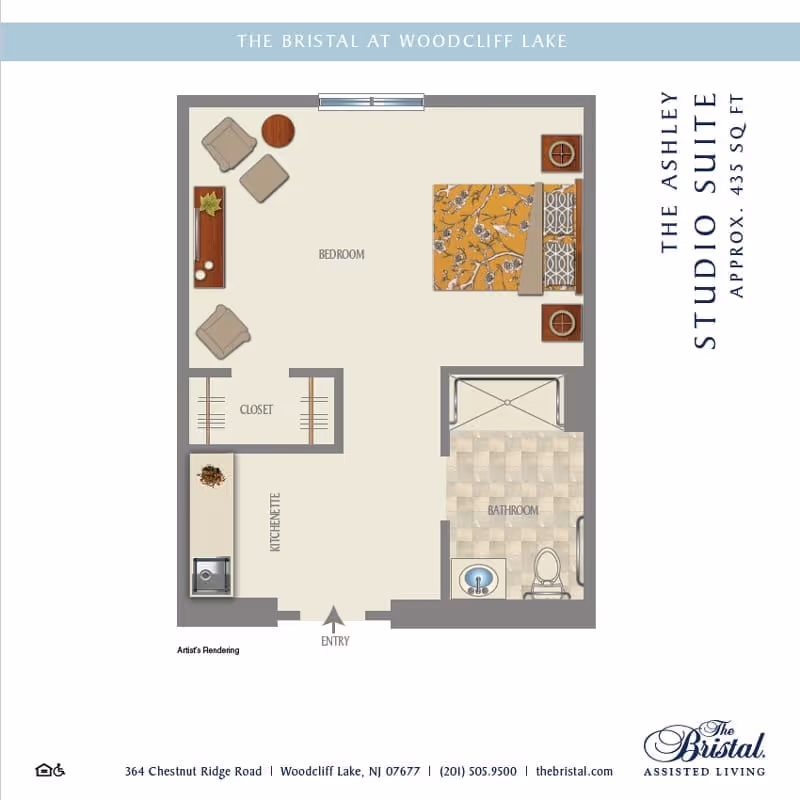 Floor plan rendering of a studio suite showing a bedroom area, kitchenette, closet, and bathroom for The Bristal at Woodcliff Lake.