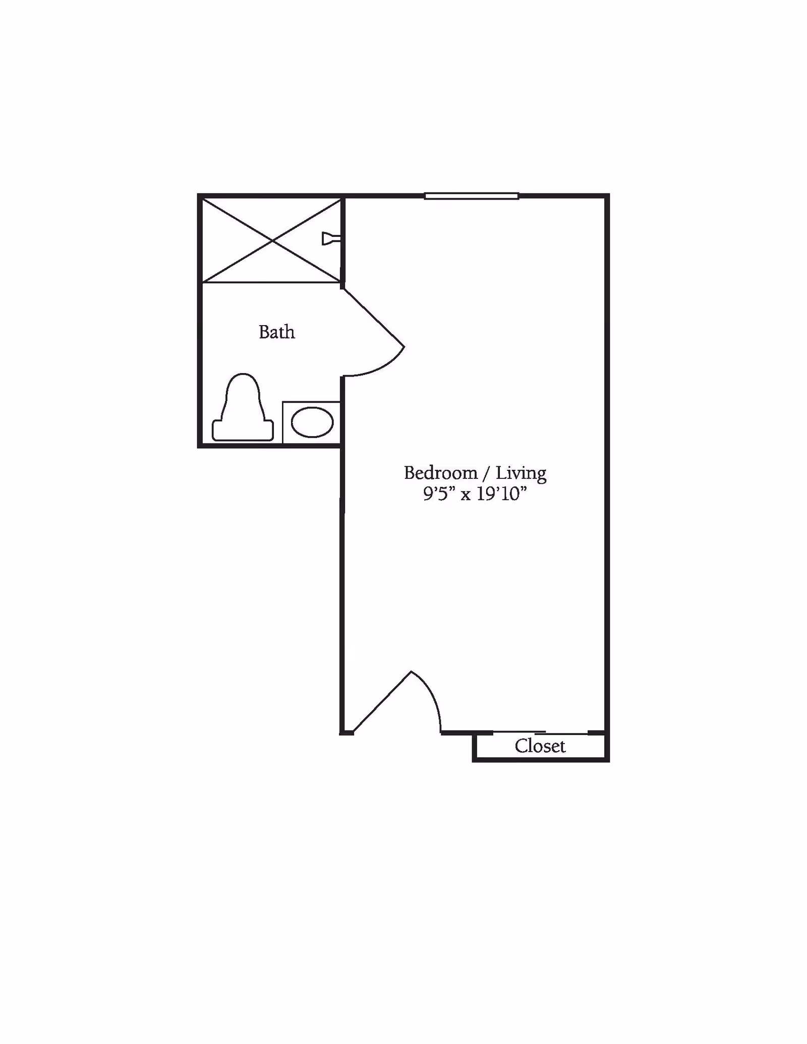 Floor plan of a studio apartment layout with a combined bedroom and living area measuring 9 feet 5 inches by 19 feet 10 inches, a bathroom with a shower, toilet, and sink, and a closet near the entrance.