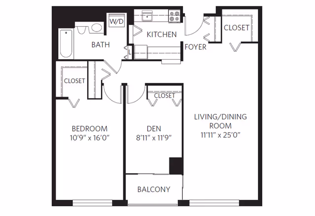Floor plan of a residential unit at Five Star Premier Residences of Chevy Chase showing a bedroom, den, living/dining room, kitchen, bathroom, closets, foyer, balcony, and washer/dryer area with dimensions.