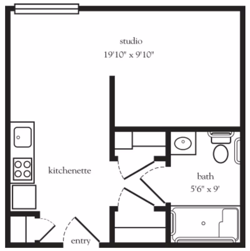 Floor plan of a studio apartment at Atria Larson Place showing a kitchenette, entry, studio area measuring 19 feet 10 inches by 9 feet 10 inches, and a bathroom measuring 5 feet 6 inches by 9 feet with a sink, toilet, and bathtub.