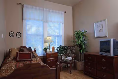 Cozy senior living bedroom with bed, dresser, lamp, plants, window, and TV.