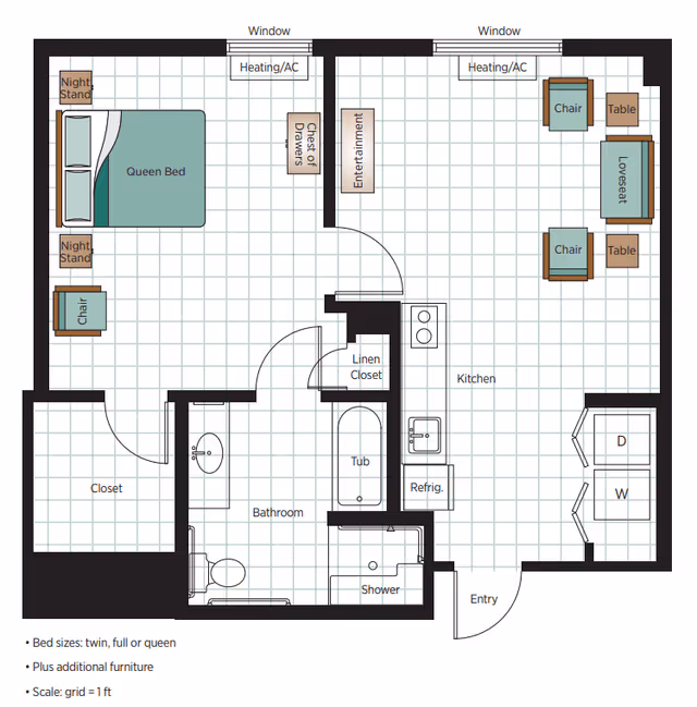 Floor plan of a senior living apartment at Belmont Village Senior Living Albany showing a bedroom with a queen bed, night stands, and chair; a bathroom with a tub, shower, toilet, and sink; a kitchen area with refrigerator, sink, and stove; a living room with a loveseat, two chairs, and two tables; a closet, linen closet, and washer/dryer area; windows and heating/AC units are also indicated.