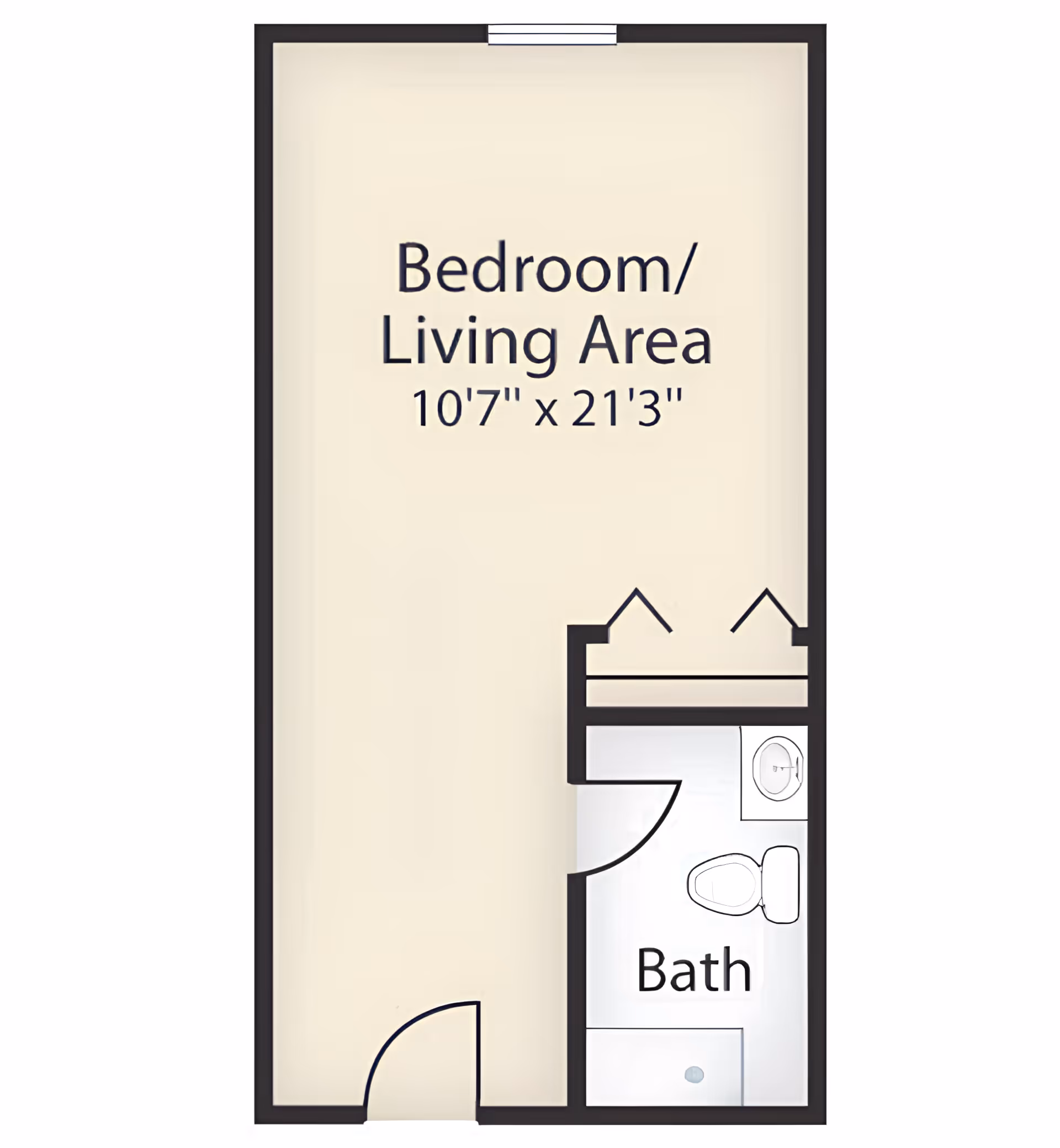Floor plan of a studio showing a Bedroom/Living Area (10'7" x 21'3") with an adjacent bathroom and closet.