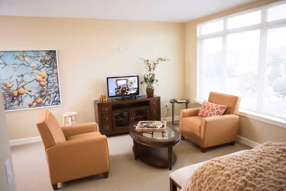 A cozy living room with two tan armchairs, a dark wooden coffee table with a glass top, and a matching TV stand holding a flat-screen television. There is a large window with blinds letting in natural light, a framed picture of orange fruits on a tree on the wall, and a small side table with a book. A beige knitted blanket is partially visible on the right side.