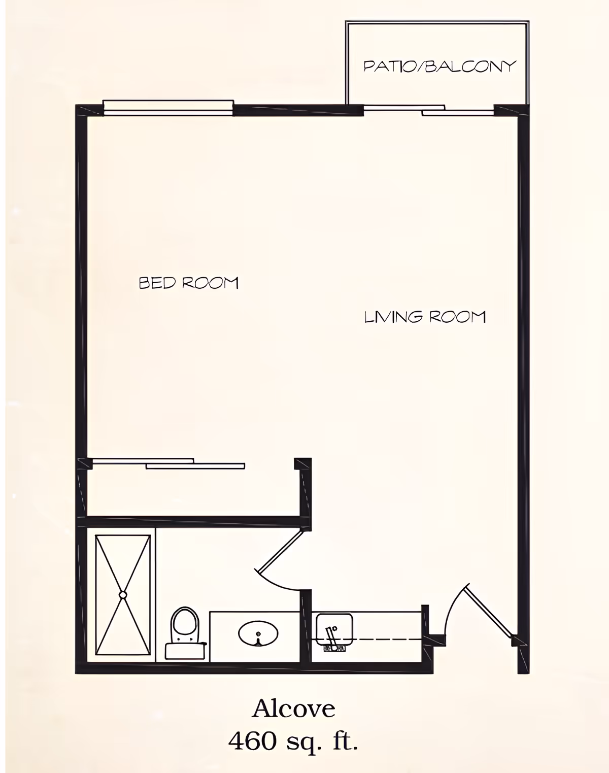 Floor plan of an alcove apartment at Summerfield Estates Retirement Community showing a bedroom, living room, patio/balcony, bathroom with shower, toilet, and sink, and a small kitchen area. The total area is 460 square feet.