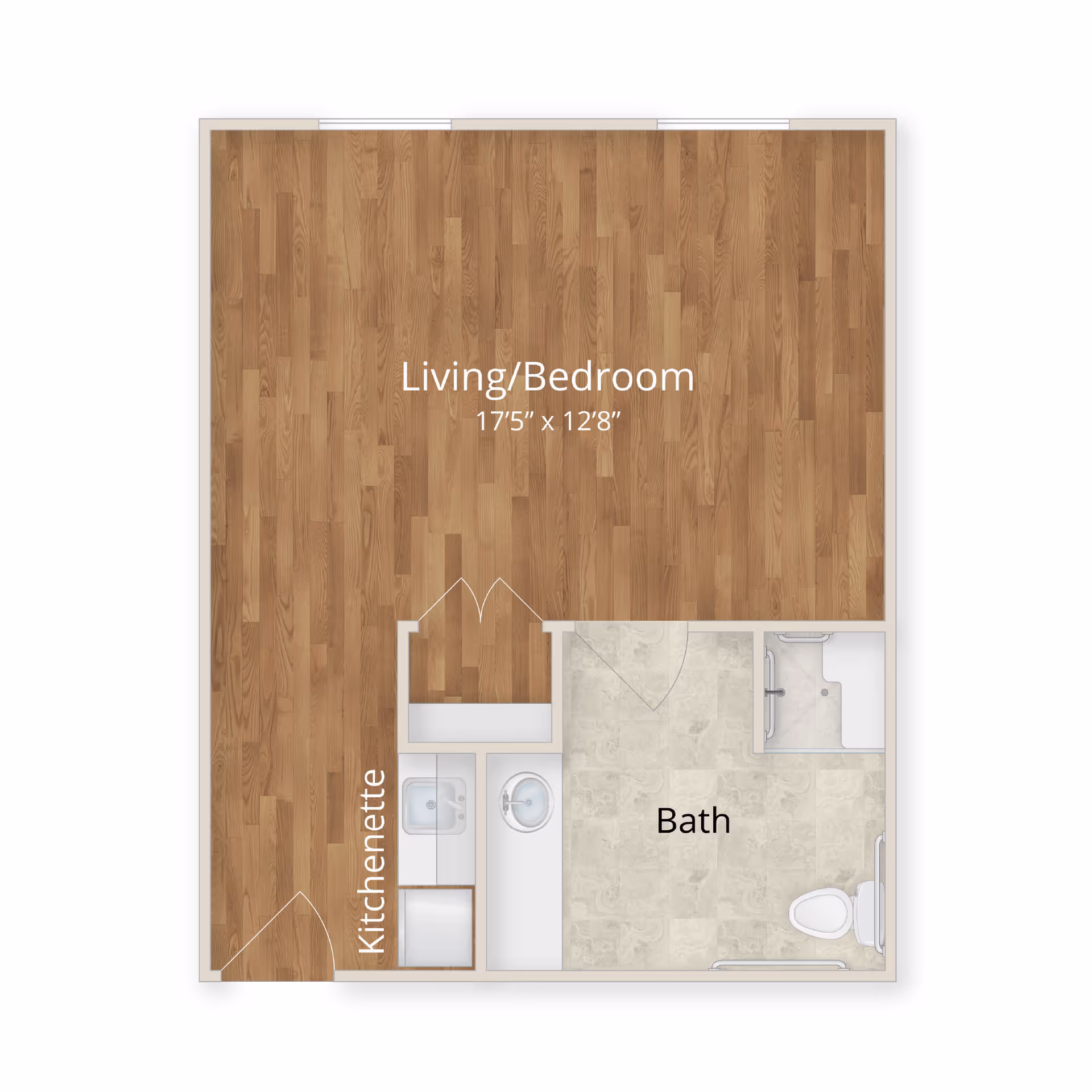 Floor plan of a studio apartment at The Grove on Forest Lane showing a combined living and bedroom area measuring 17 feet 5 inches by 12 feet 8 inches, a kitchenette, and a bathroom with a shower, toilet, and sink.