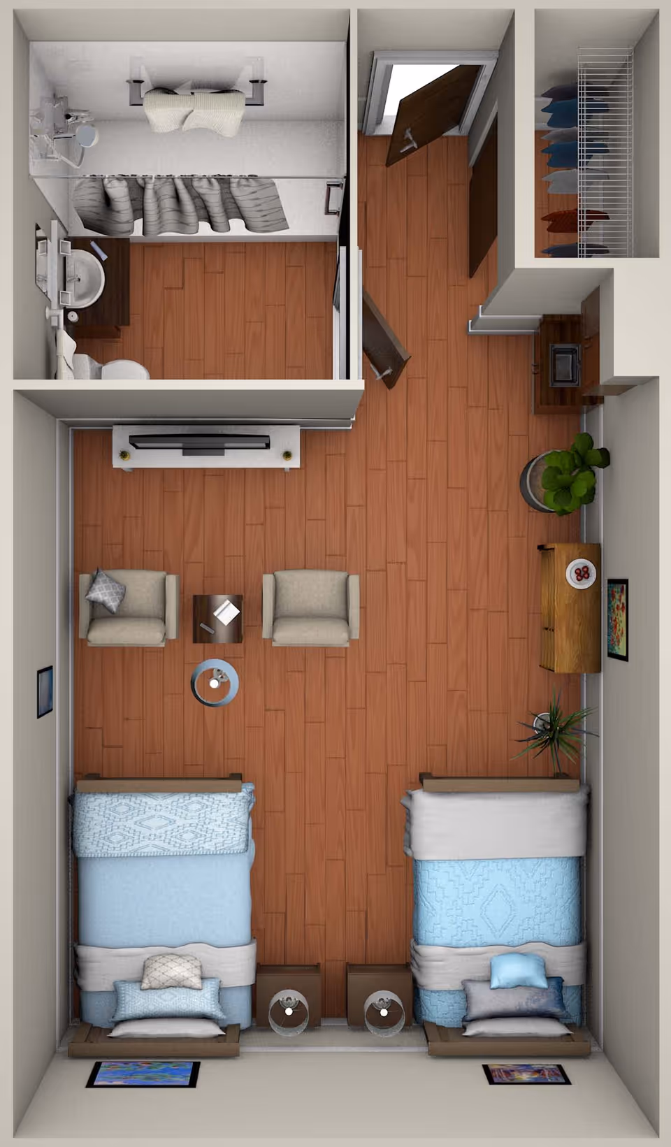 Top-down view of a senior living facility room at Elevated Estates Forest Oaks featuring two single beds with blue bedding, two armchairs with a small table between them, a TV on a stand, a closet with hanging clothes, a small cabinet with a plant and decorative items, and an attached bathroom with a shower, toilet, and sink.