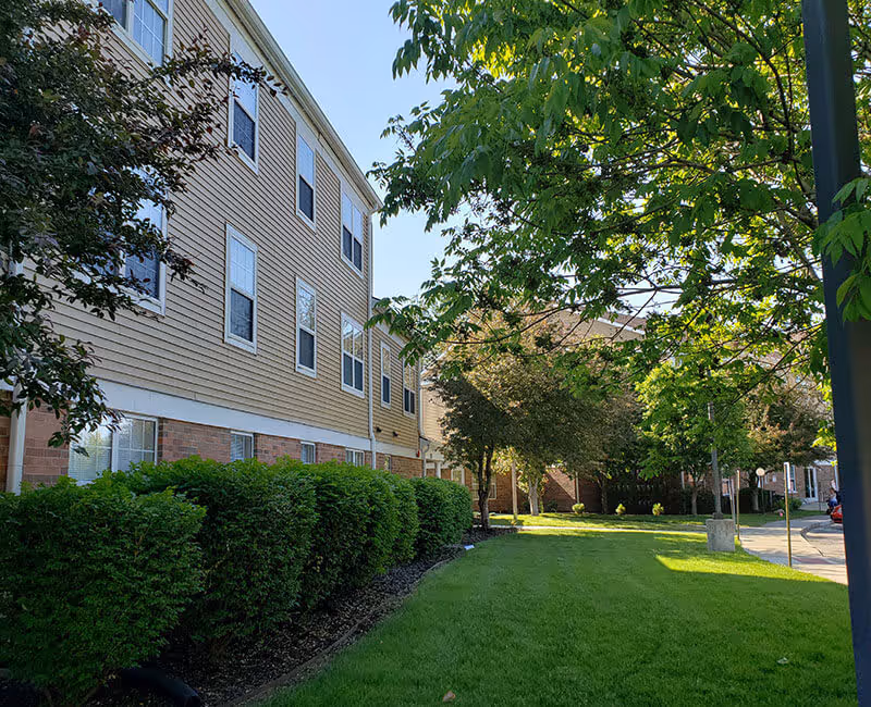 Three-story beige apartment building with trimmed hedges, a green lawn, and trees along a sunny walkway.