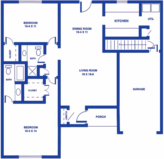 Architectural floor plan of a residence showing two bedrooms, two bathrooms, a dining room, living room, kitchen, utility room, garage, porch, and closets with dimensions labeled.