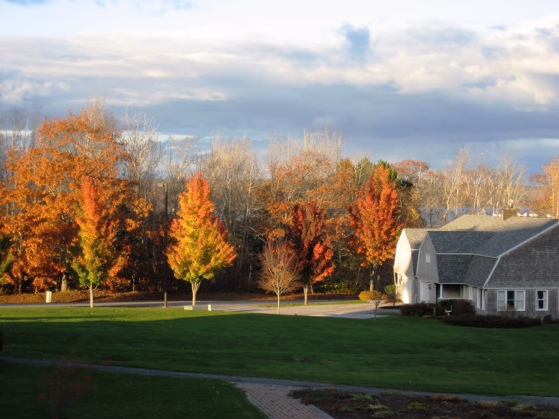 Lawn and driveway in front of a light-gray building with colorful autumn trees and a cloudy sky.