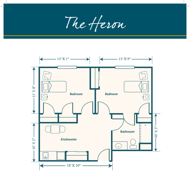 Floor plan titled The Heron showing two bedrooms, a kitchenette, and a bathroom. Each bedroom contains a bed and a chair. The kitchenette includes a small table with two chairs, a sink, and a refrigerator. The bathroom has a sink, toilet, and shower. Dimensions for each room are indicated.
