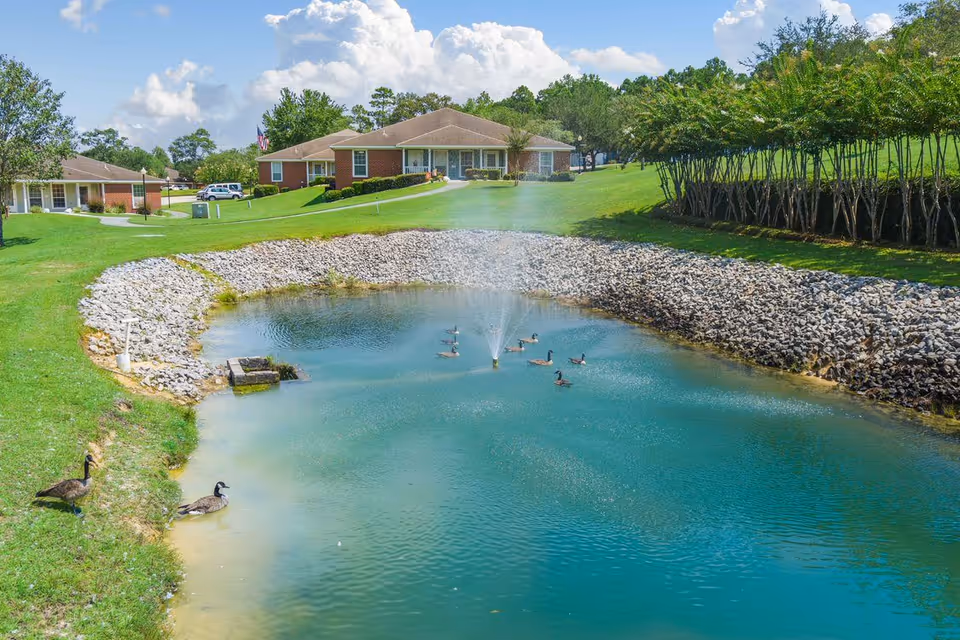 A serene outdoor scene at Brookside Senior Living Community featuring a small pond with a water fountain in the center, surrounded by rocks and green grass. Several ducks are swimming and standing near the pond. In the background, there are single-story brick buildings with well-maintained lawns and trees under a partly cloudy blue sky.