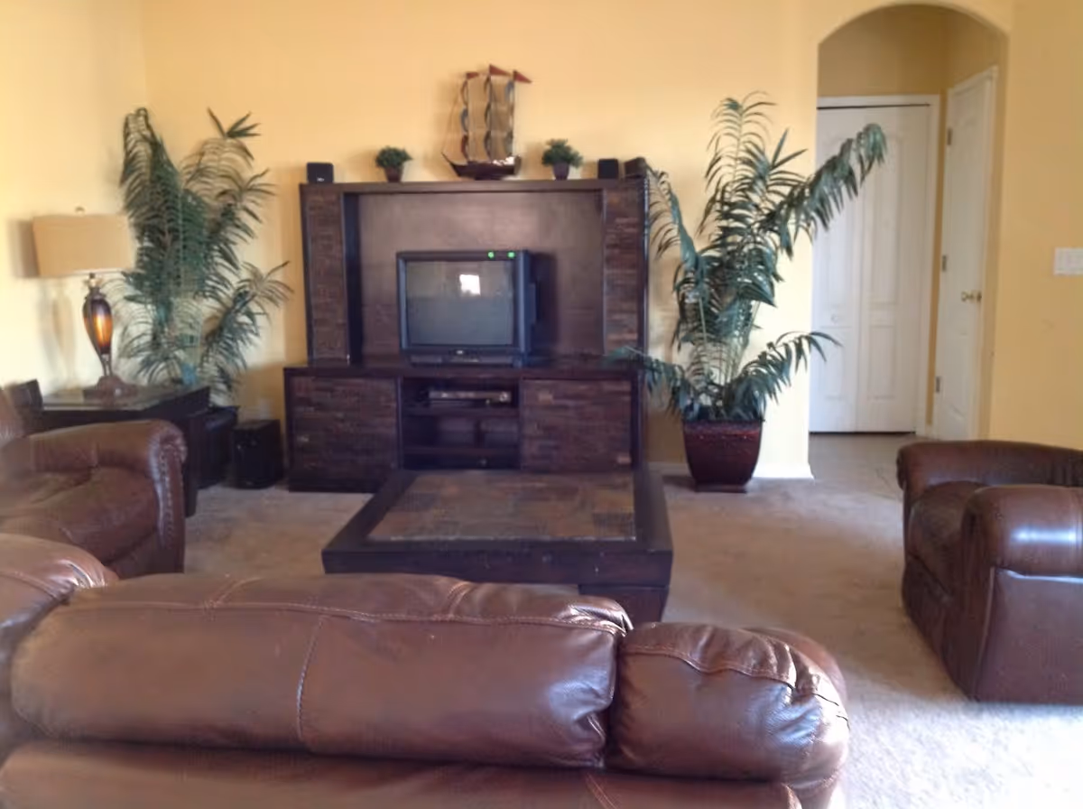 A living room with brown leather sofas and armchairs arranged around a dark wooden coffee table. Against the wall is a dark wooden entertainment center with a small television and decorative items including a model ship and small potted plants. There are two large potted plants on either side of the entertainment center, a table lamp on a side table to the left, and a doorway with an arched entryway in the background.