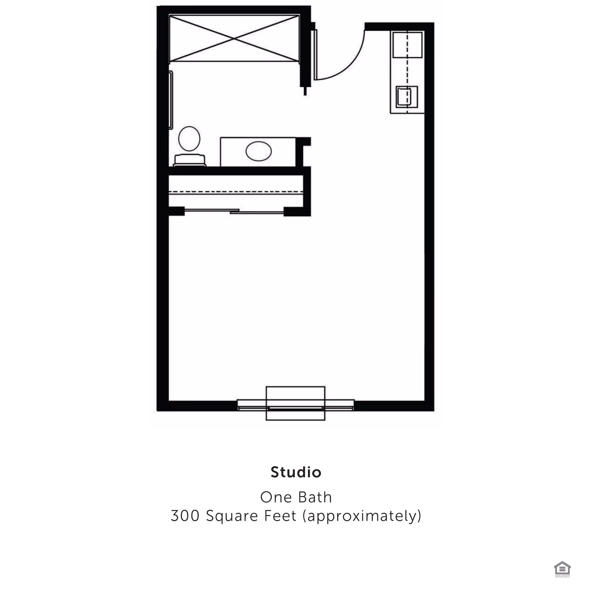Black-and-white floor plan of a studio apartment showing one bath, a kitchenette, and a main living area (about 300 sq ft).