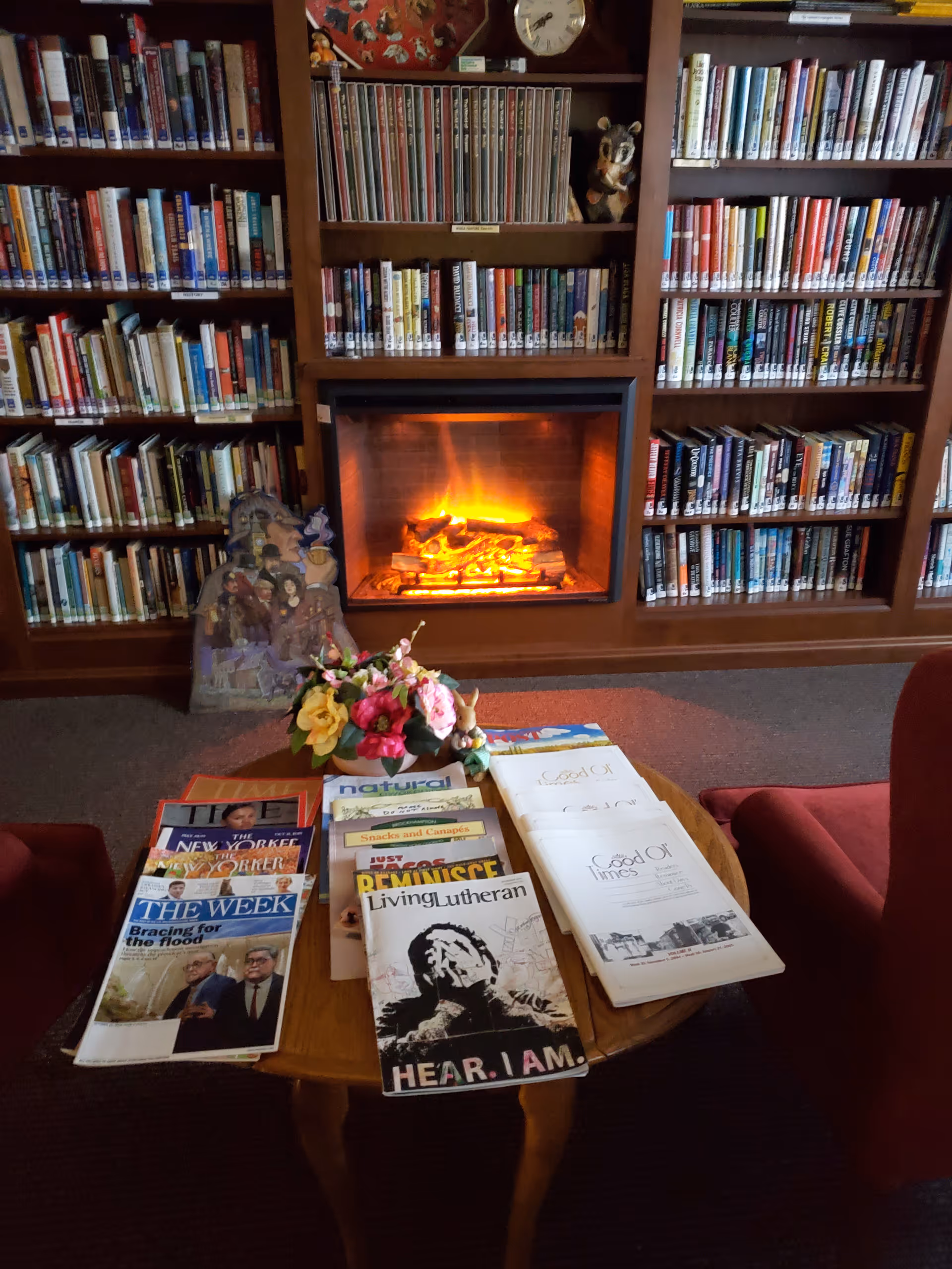Cozy library corner with wooden bookshelves filled with books and magazines surrounding a lit electric fireplace. In front of the fireplace is a wooden table with various magazines and booklets neatly arranged, and a small floral arrangement in the center. Two red armchairs are partially visible on either side of the table.