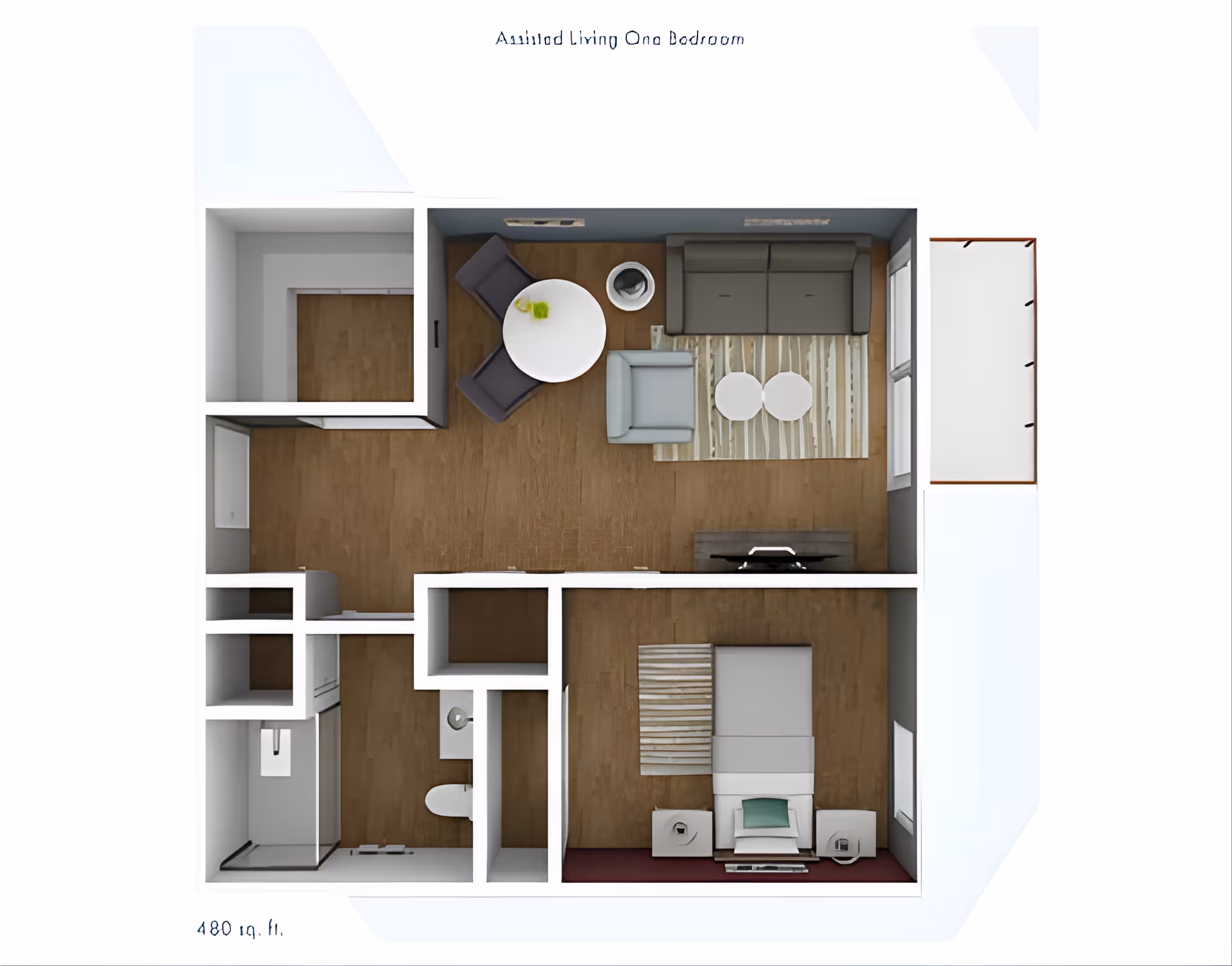 Top-down floor plan of a one-bedroom assisted living apartment showing a living area with sofa and table, a kitchen, bathroom, and bedroom.