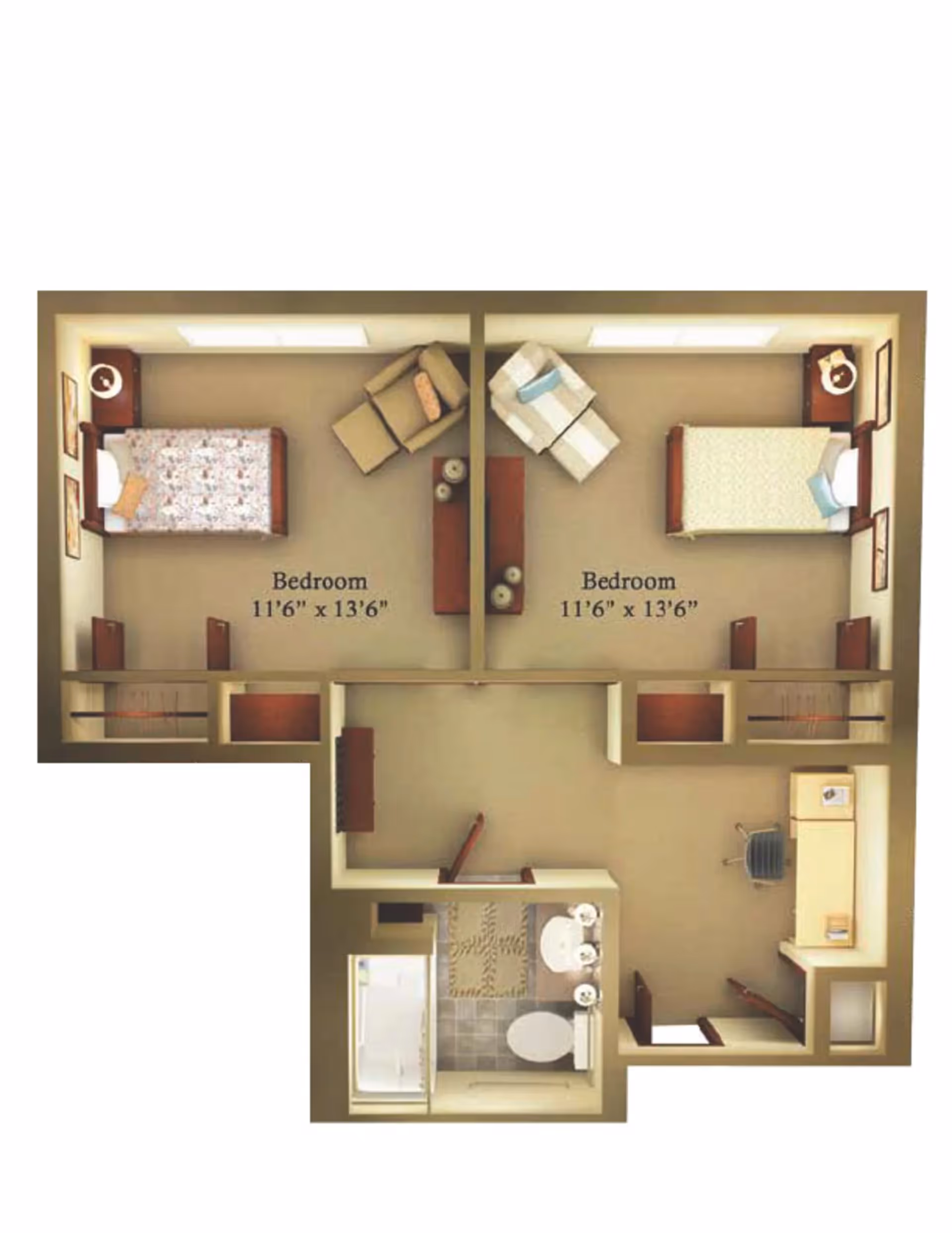 Top-down colored floor plan of a two-bedroom apartment with shared bathroom and central living and desk area, bedrooms labeled 11'6" x 13'6".
