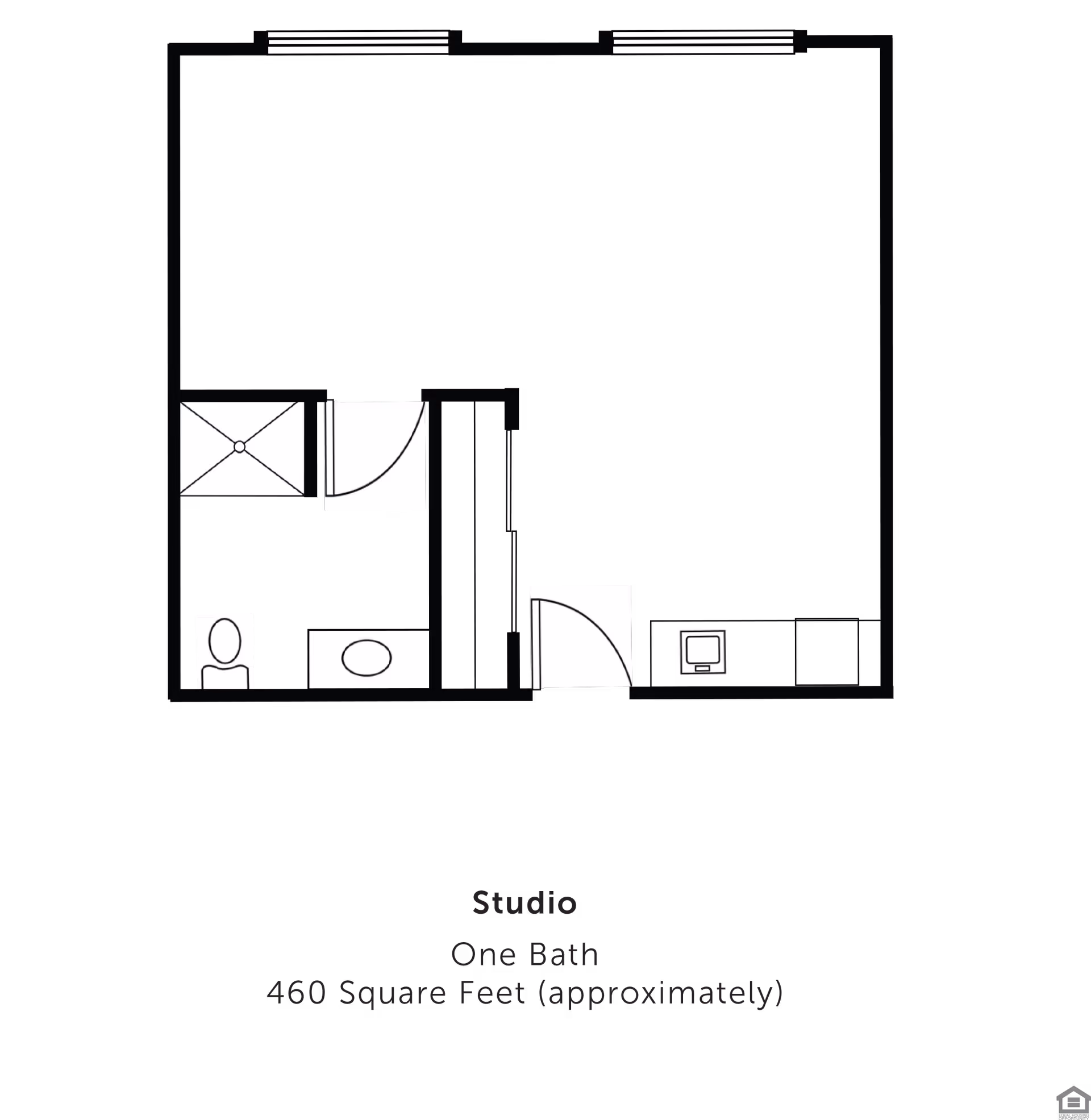 Floor plan of a studio apartment with one bathroom, approximately 460 square feet. The layout shows a bathroom with a shower, toilet, and sink, an entry door, and a main living area.