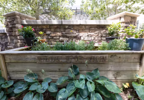 A raised wooden garden bed with various green plants and flowers growing inside. The wooden bed has a carved sign that reads 'WELCOME TO OUR GARDEN'. Behind the garden bed is a stone wall with additional plants and a pergola structure overhead, surrounded by trees and greenery.