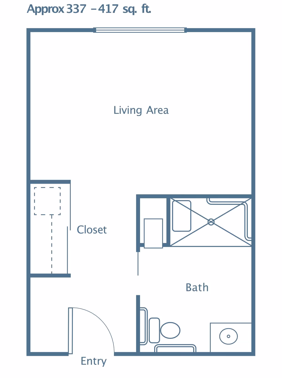 Floor plan layout showing an entry leading into a living area with an adjacent closet and a bathroom that includes a shower, toilet, and sink. The total area is approximately 337 to 417 square feet.