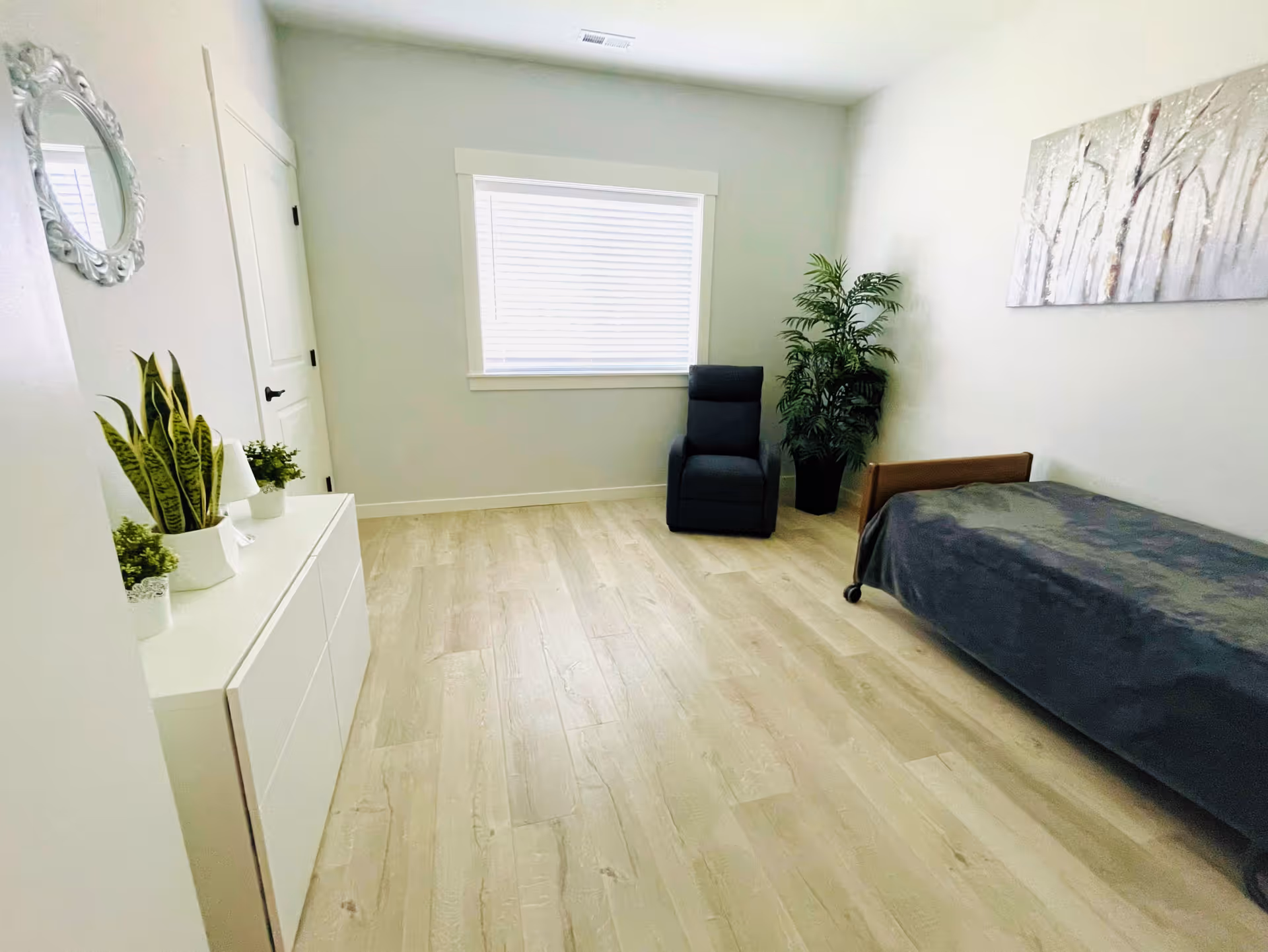 A simple, clean bedroom with light wood flooring, a single bed with a dark gray blanket, a black recliner chair near a window with closed blinds, a white dresser with potted plants on top, a decorative round mirror on the wall, and a large potted plant in the corner. A painting of trees hangs on the wall above the bed.