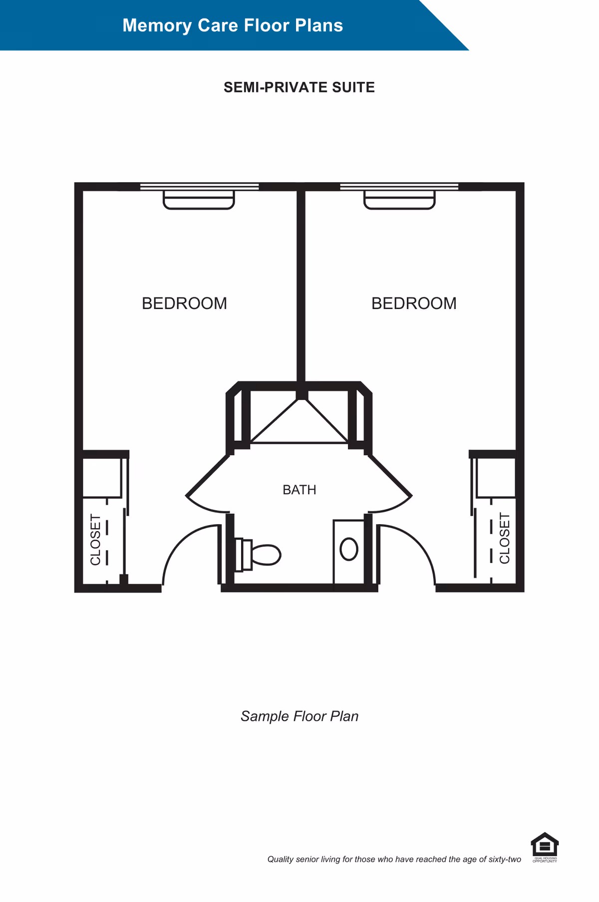 Floor plan of a semi-private suite memory care unit showing two bedrooms each with a closet, and a shared bathroom in the center with a toilet and sink.