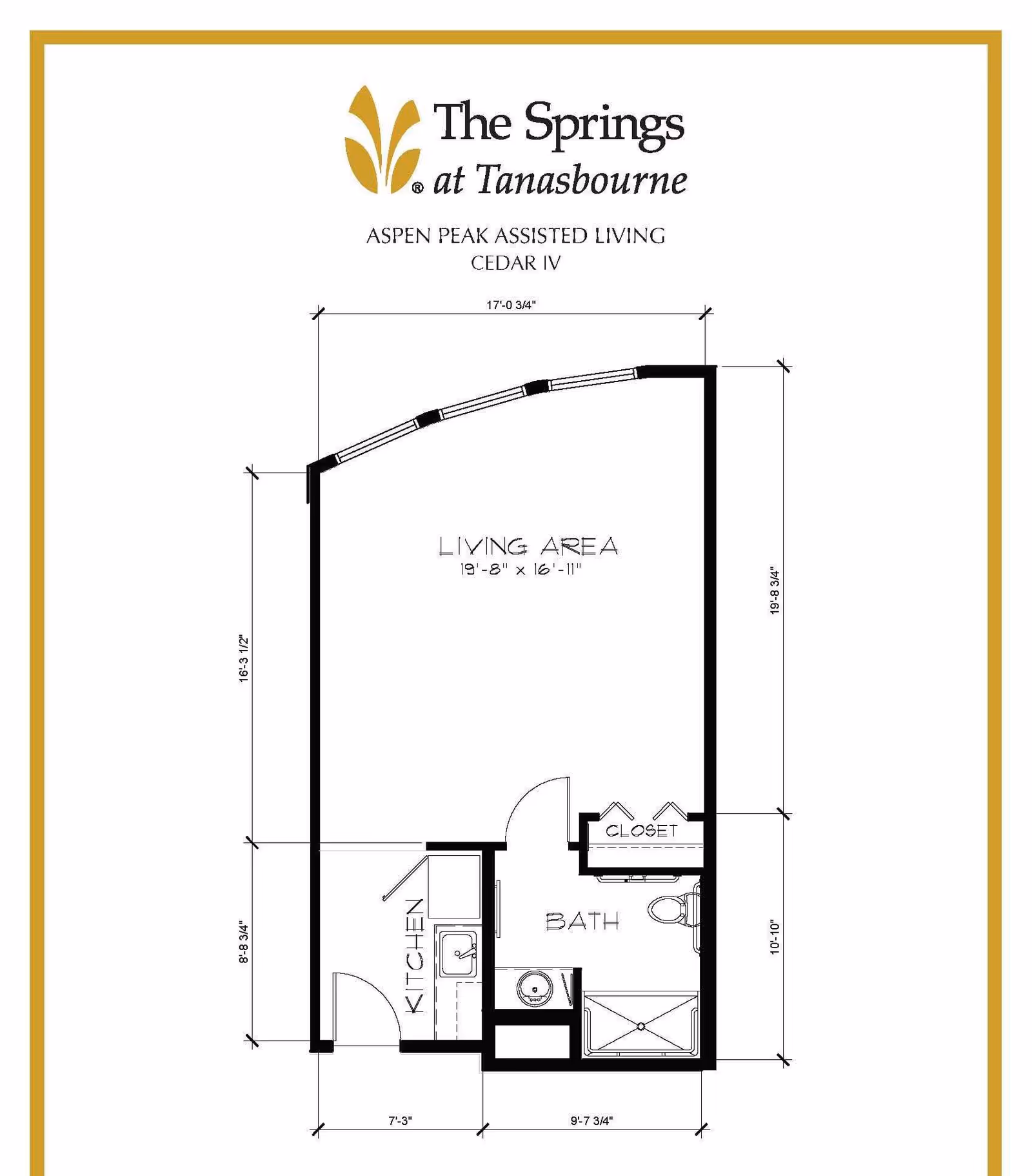 Floor plan for The Springs at Tanasbourne Aspen Peak Assisted Living showing a living area, kitchen, bathroom and closet.