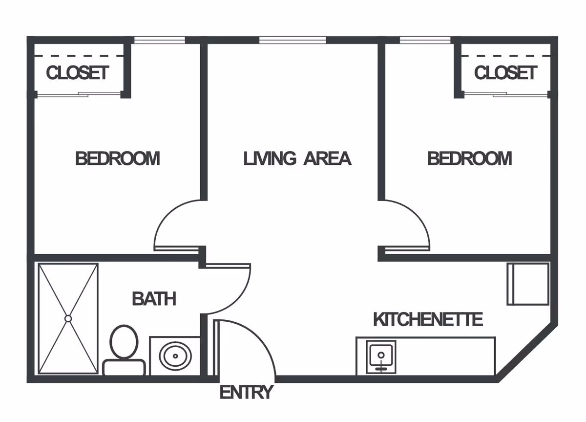 Floor plan of a senior living unit at Venice Palms Senior Living showing two bedrooms each with a closet, a living area, a kitchenette, a bathroom with a shower, toilet, and sink, and an entry door.