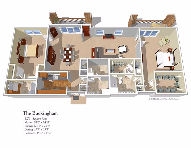 3D floor plan of The Buckingham apartment featuring two bedrooms, two bathrooms, a kitchen, dining area, living room, and closets. The layout includes furniture placement and measurements for each room.