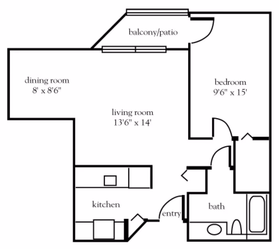 Floor plan of a one-bedroom apartment at Atria Bell Court Gardens showing a bedroom, bath, kitchen, living room, dining room, entry, and balcony/patio with dimensions.