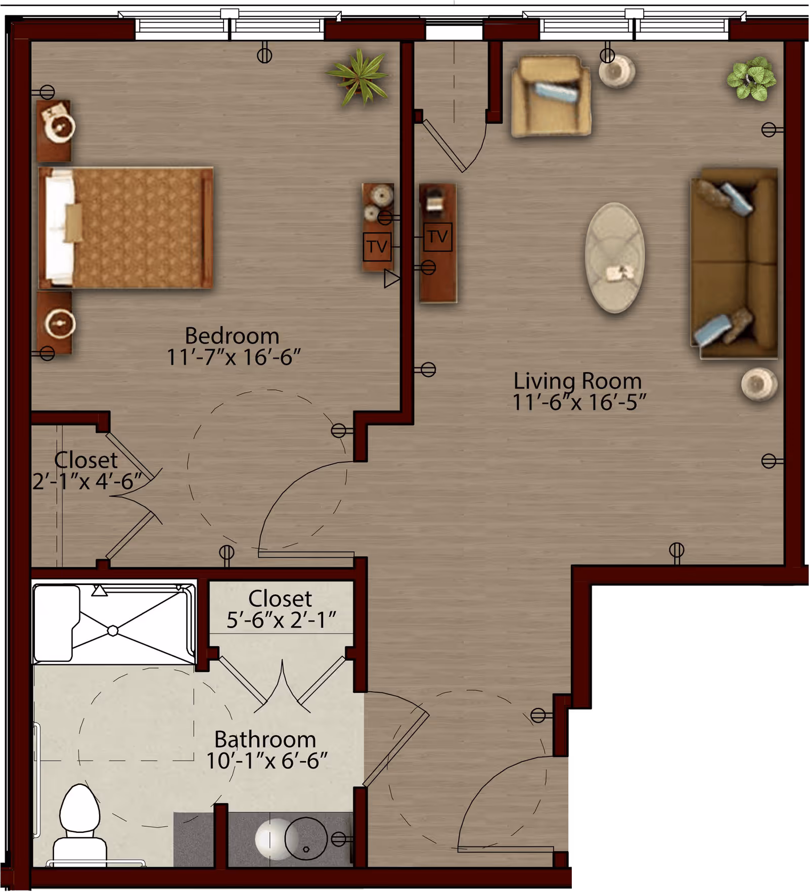 Floor plan of a senior living unit at Harmony at Avon showing a bedroom with a bed and two nightstands, a living room with a sofa, armchair, coffee table, and TV, a bathroom with a toilet, shower, and sink, and two closets.