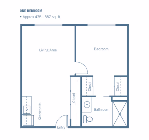 Floor plan of a one-bedroom assisted living unit approximately 475 to 557 square feet, showing a living area with kitchenette, an entry, a bedroom, a bathroom with shower, toilet, and sink, and multiple closets.