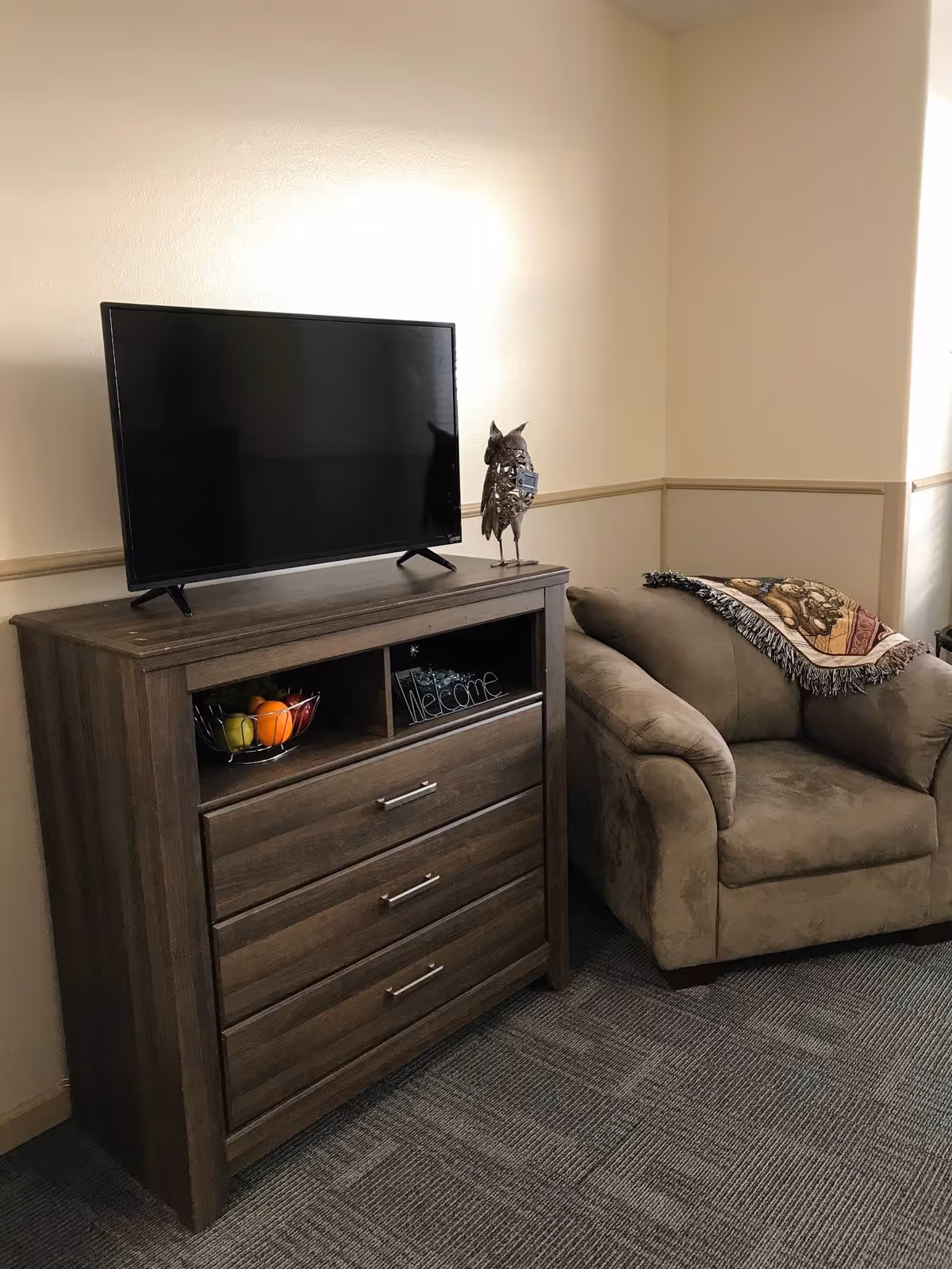 A cozy corner of a living room featuring a flat-screen TV on a wooden dresser with three drawers. On top of the dresser is a decorative owl sculpture and a small basket of fruit. Next to the dresser is a cushioned armchair with a patterned throw blanket draped over the back. The room has beige walls and carpeted flooring.