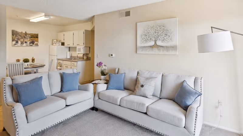 A bright living room with two light gray sofas adorned with blue and gray pillows. A white floor lamp stands to the right, and a painting of a tree hangs on the wall above the larger sofa. In the background, there is a small dining area with a round table and chairs, and a compact kitchen with white cabinets and appliances.