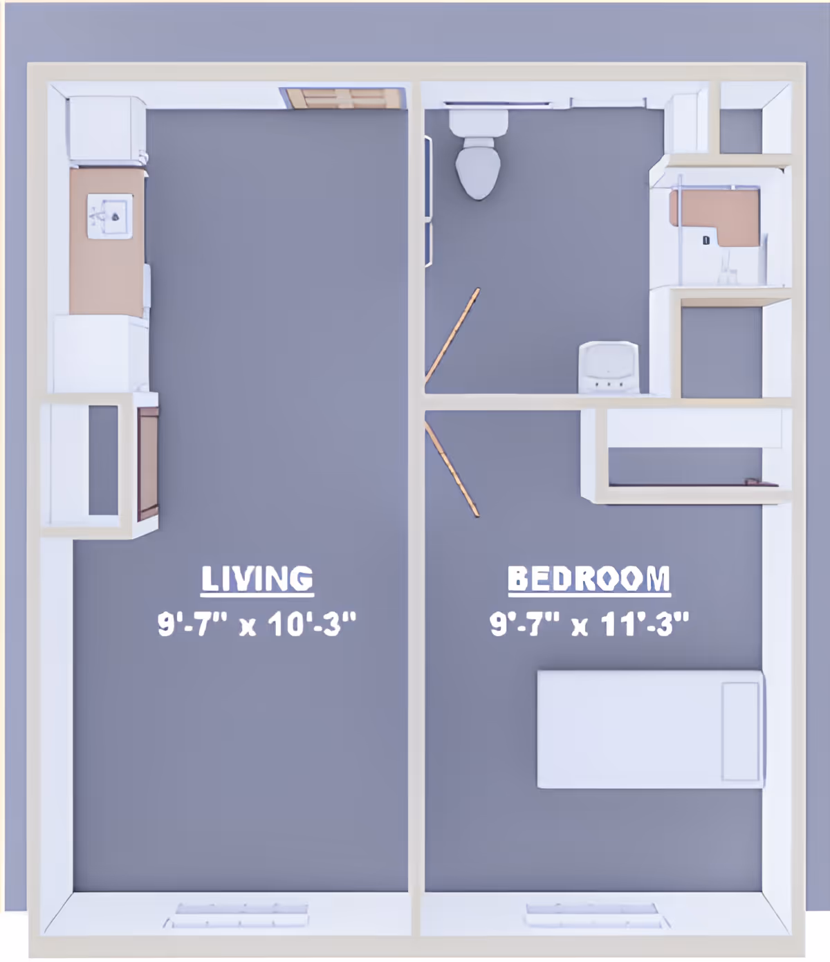 Top-down floor plan of a small one-bedroom apartment showing labeled living and bedroom areas with a kitchenette and bathroom.