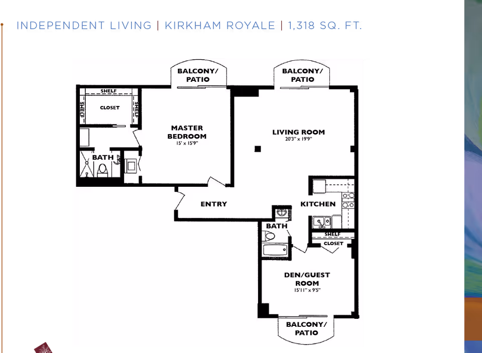 Black-and-white floor plan of a 1,318 sq. ft. independent living apartment showing a master bedroom, living room, kitchen, den/guest room, bathrooms and balconies.