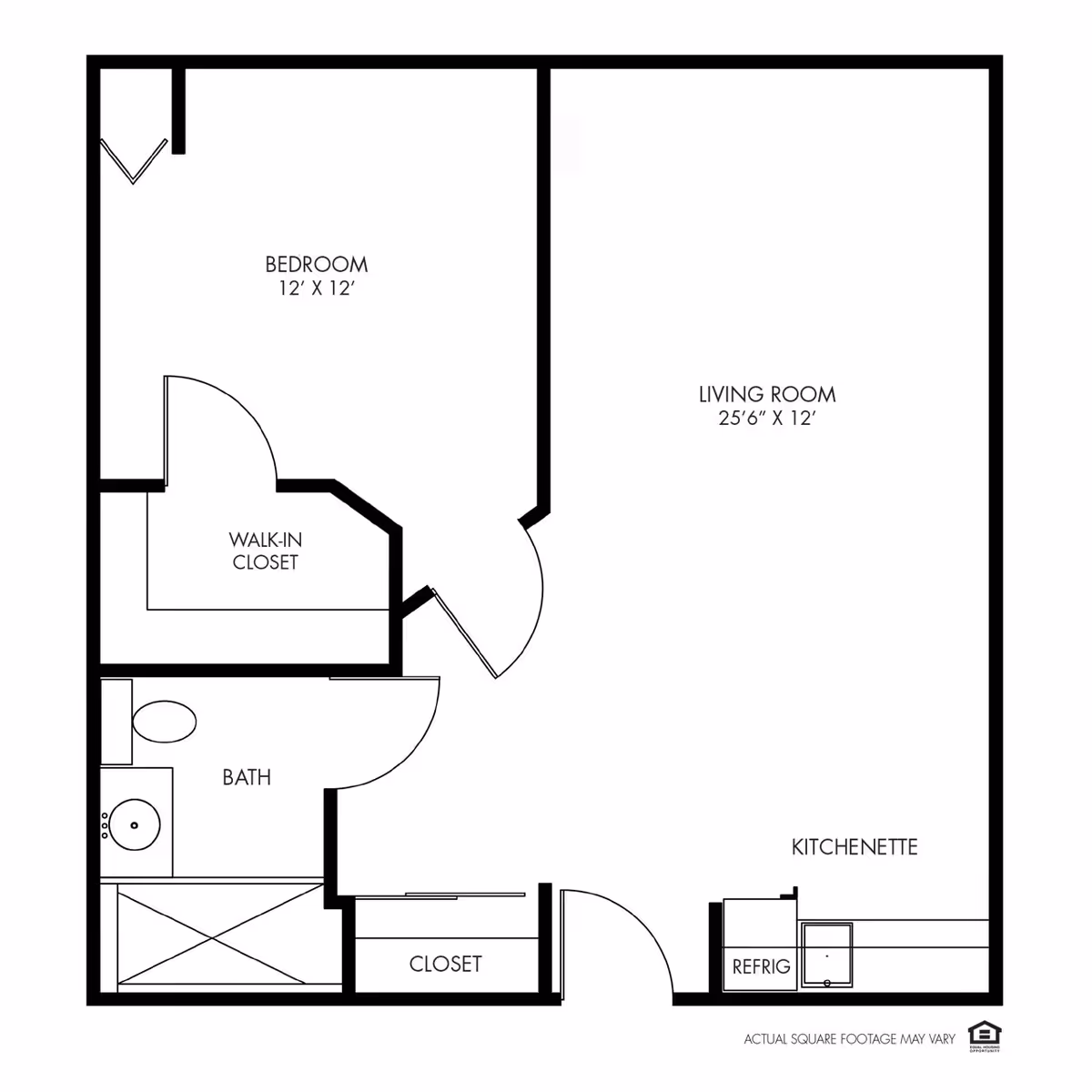 Floor plan of a senior living unit at Silvercrest at Deer Creek Senior Living showing a bedroom measuring 12 by 12 feet with a walk-in closet, a bathroom, a living room measuring 25 feet 6 inches by 12 feet, a kitchenette with a refrigerator and sink, and an additional closet near the entrance.