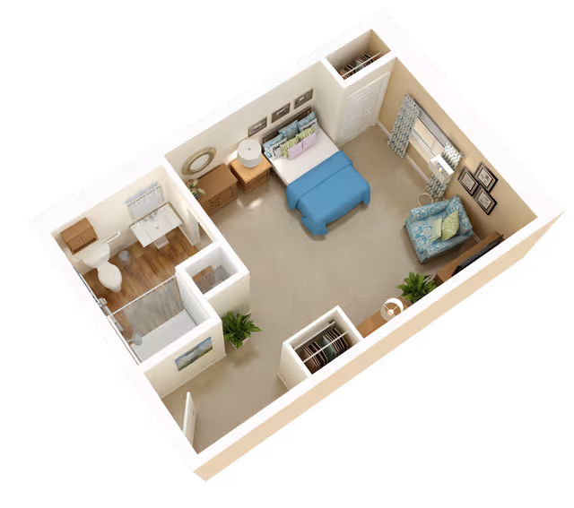 3D floor-plan rendering of a studio apartment showing a bed, small living area, bathroom, and closets.