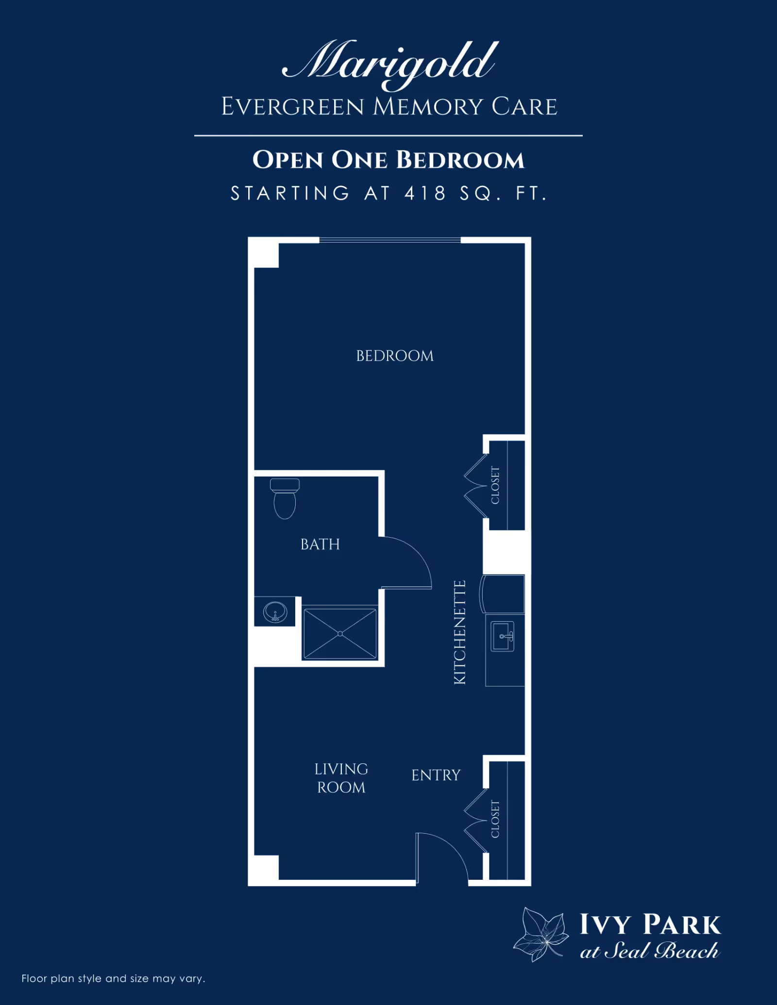 Floor plan of an open one-bedroom apartment named Marigold at Ivy Park at Seal Beach, showing a bedroom, bath, kitchenette, living room, entry, and two closets, with a total area starting at 418 square feet.