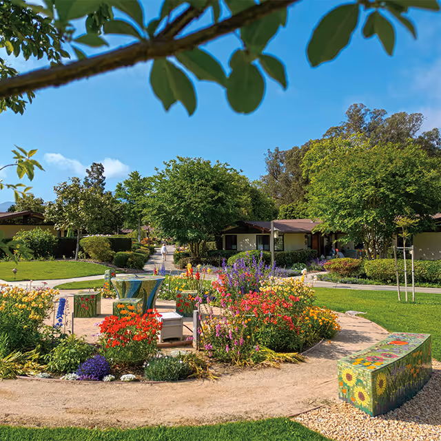 A vibrant garden area with colorful flowers and greenery, surrounded by a circular dirt path. There are mosaic-tiled benches and a table in the center, with trees and single-story buildings in the background under a clear blue sky.