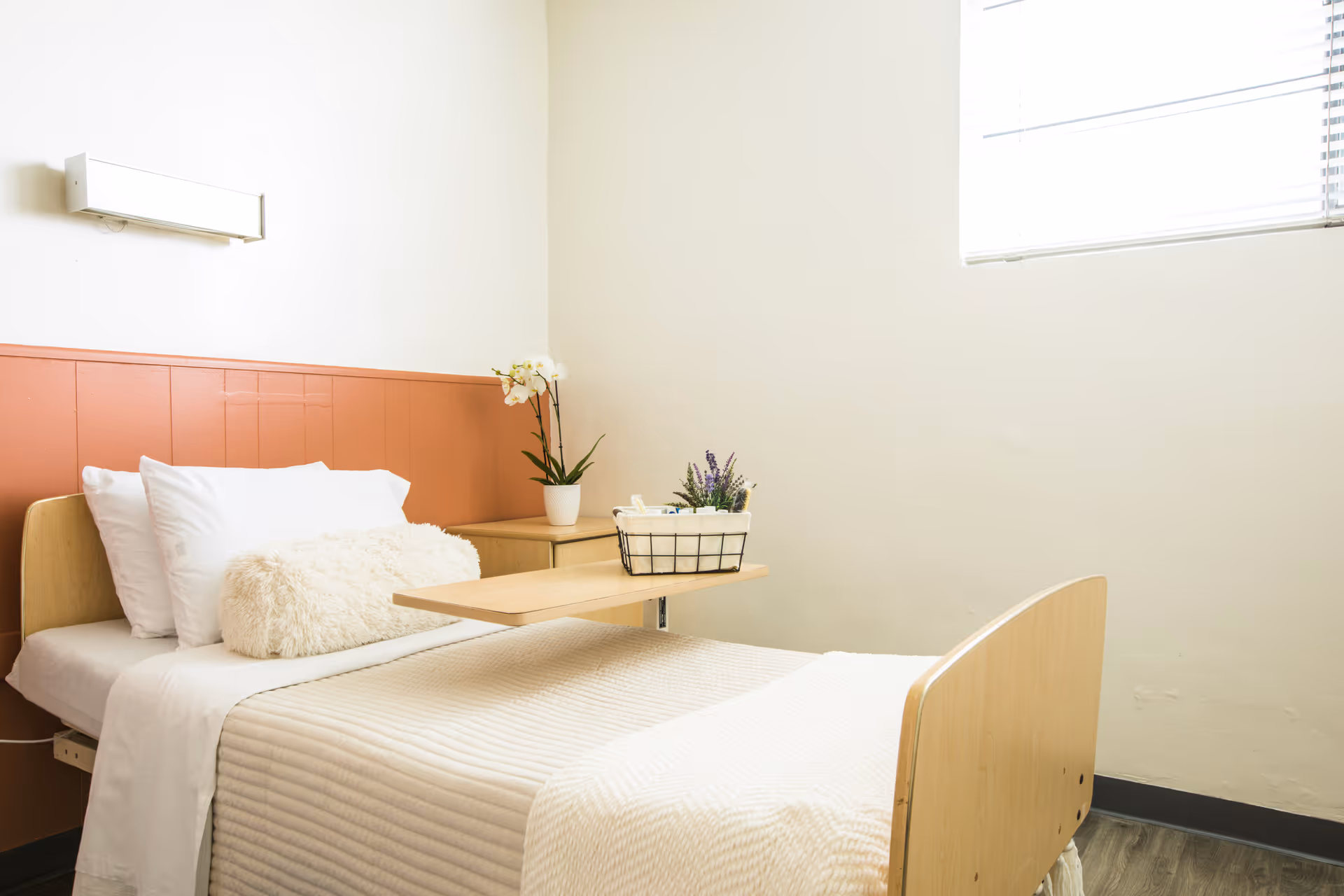 A bright, simple single bed in a senior living room with pillows, a bedside table, an over-bed table, and decorative plants.