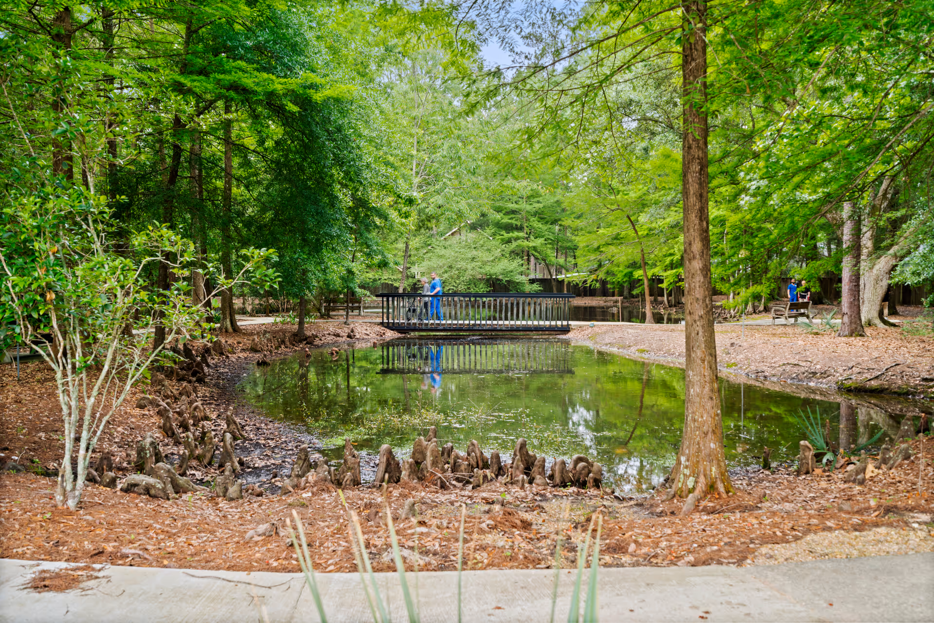 A tranquil wooded pond with a small footbridge reflected in the water and two people standing on the bridge.