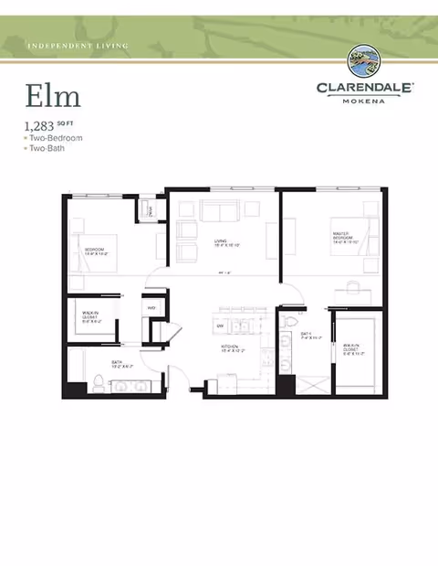 Floor plan of Elm unit at Clarendale of Mokena showing a 1,283 square feet independent living space with two bedrooms and two bathrooms. The layout includes a living room, kitchen, two walk-in closets, and two bathrooms.