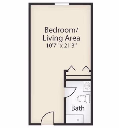 Floor plan of a senior living unit showing a combined bedroom and living area measuring 10 feet 7 inches by 21 feet 3 inches, with an attached bathroom including a toilet, sink, and shower.
