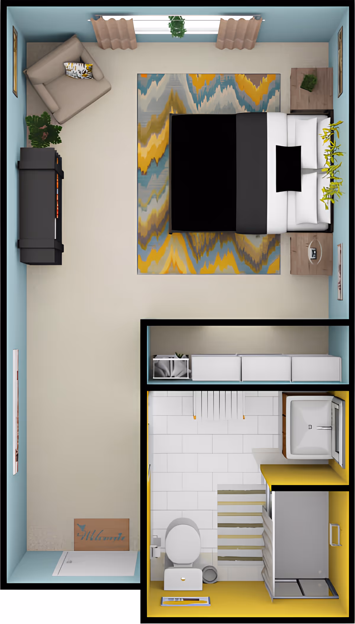 Top-down floor plan rendering of a studio apartment with a bed on a colorful rug, armchair and TV, and an attached bathroom with toilet, shower and sink.