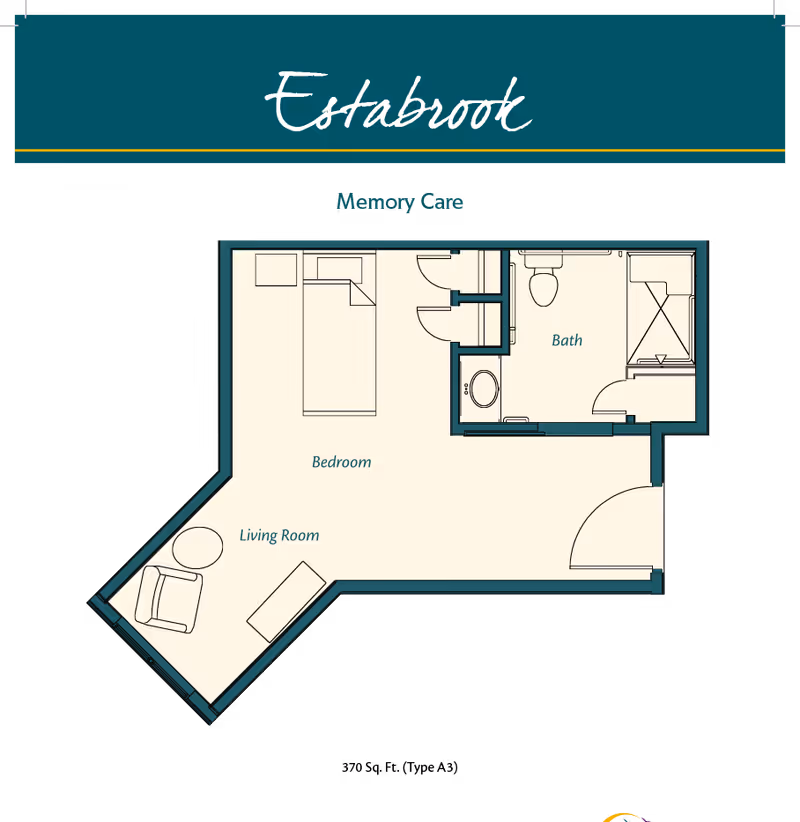 Floor plan layout of a memory care unit named Estabrook, showing a bedroom with a bed and closet, a living room area with a chair and table, and a bathroom with a toilet, sink, and shower.