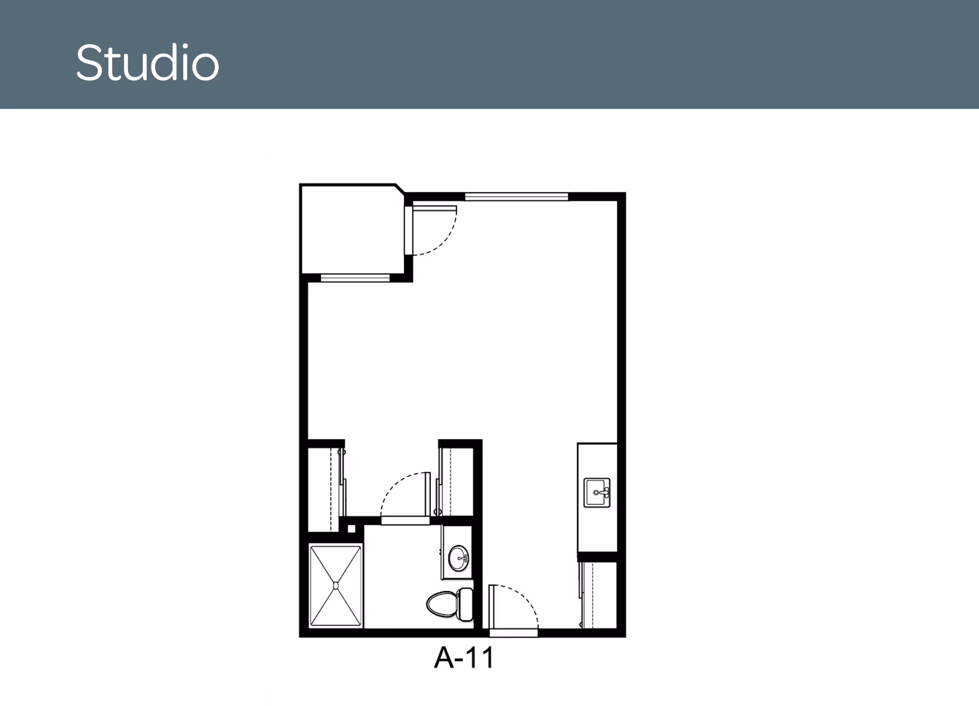 Black-and-white studio apartment floor plan labeled A-11 showing a main living area, kitchenette, bathroom with shower and toilet, and closets.