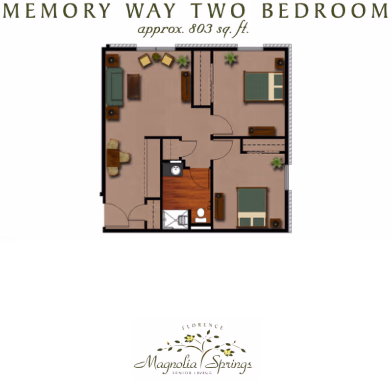 Colored top-down floor plan titled 'Memory Way Two Bedroom approx. 803 sq. ft.' showing two bedrooms, a living area, and a bathroom, with the Magnolia Springs logo below.