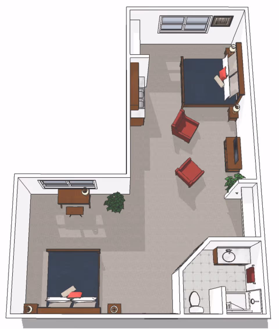 3D floor plan of a senior living facility room at Cedarhurst of Columbia showing two bedrooms, a bathroom with a toilet, sink, and shower, a small kitchenette, two red armchairs, a TV on a stand, a desk with a chair, and some plants.